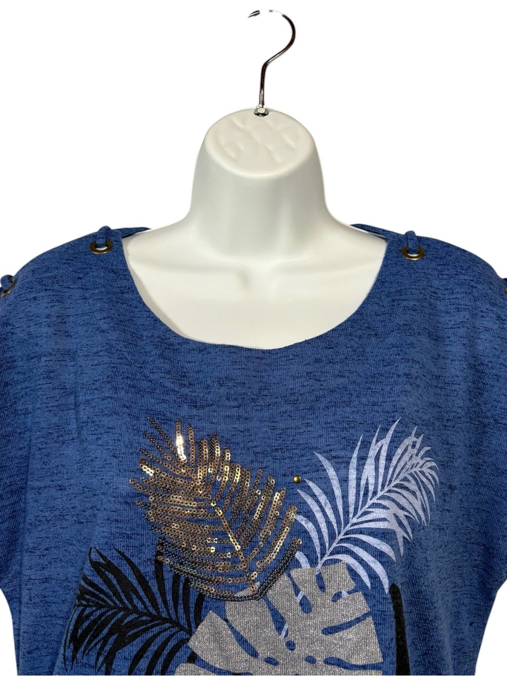 Lily Morgan, Blue Tropical Leaf Sequin Top Grommet Shoulder Stretch, Medium - Picture 5 of 9